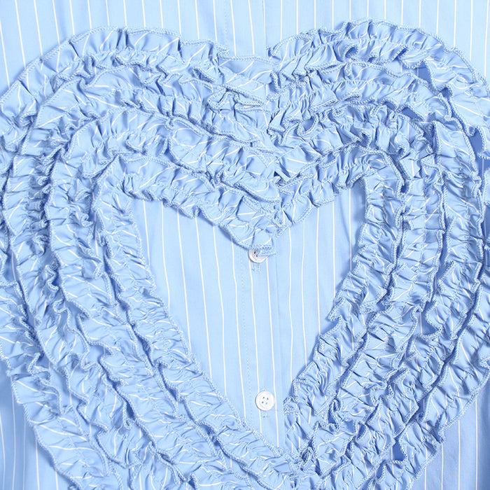 Color-Niche Design Sky Blue Striped Long Love Heart Loose All Match Lazy Oversize Women Shirt-Fancey Boutique