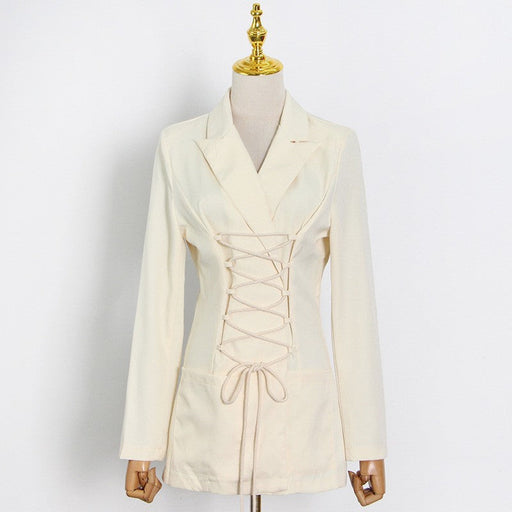 Color-Apricot-Striped Korean Contrast Color Lace up Office Skin Color Slim Solid Color Blazer Collar Coat-Fancey Boutique