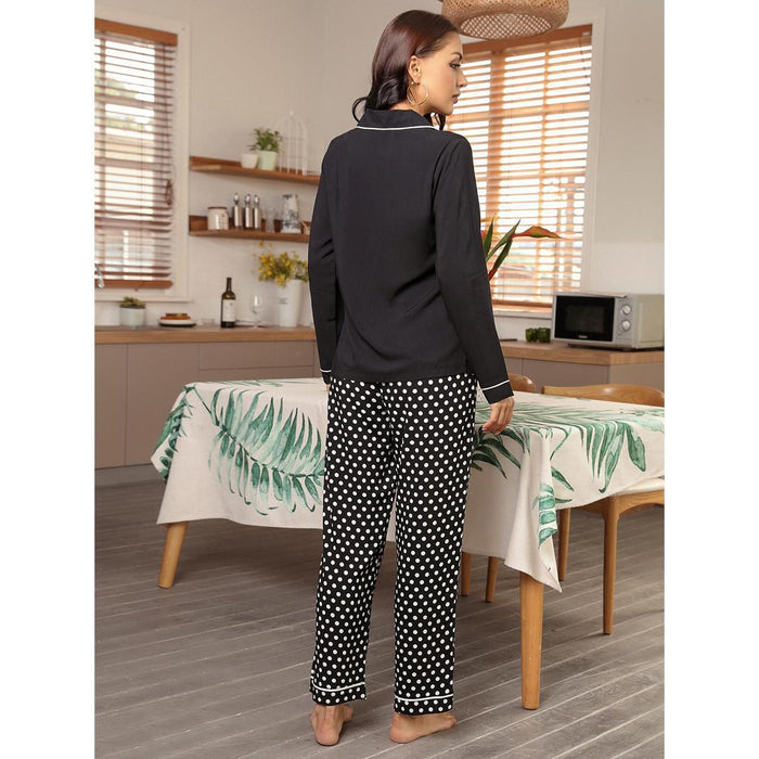 Color-Homewear Suit Collared Long Sleeve Cardigan Shirt Polka Dot Trousers Pajamas Two-Piece Set-Fancey Boutique