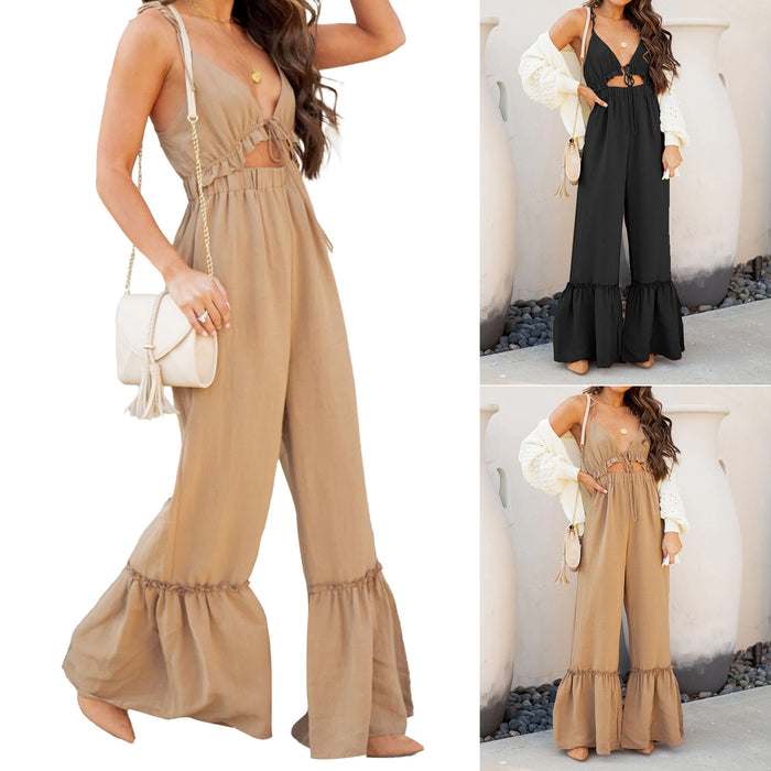 Color-Khaki-Summer Solid Color Sexy Jumpsuit Strap Horn Jumpsuit for Women-Fancey Boutique