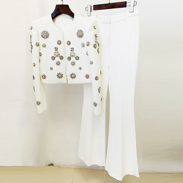 Color-round Neck Heavy Industry Beads Short Jacket Split Flared Pants Blazer Suit Set-Fancey Boutique
