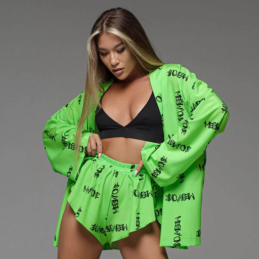 Color-Green-Summer Long Sleeve Shorts Printed Pajamas Two Piece Set Casual Cardigan Loose Ladies Homewear-Fancey Boutique