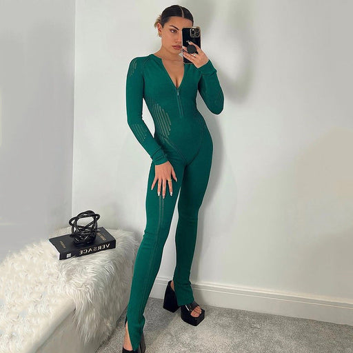 Color-Popular Sexy Tight Sweater Trousers Fashionable All Match Striped Knitted Long Sleeve Jumpsuit Women-Fancey Boutique