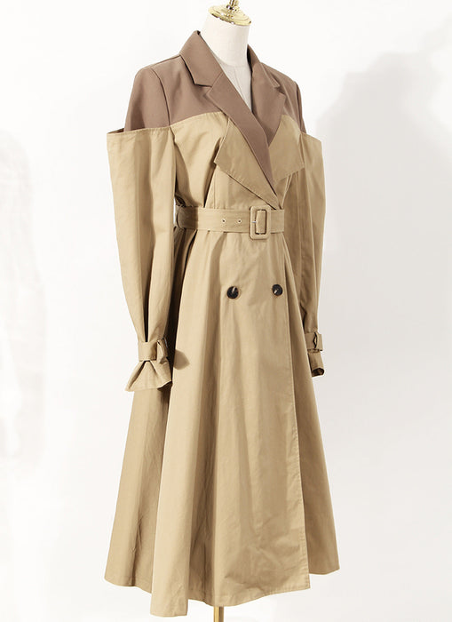Color-Two Color Knot Collar Trench Coat Women Mid Length Knee Autumn Design Waist Trimming Coat-Fancey Boutique