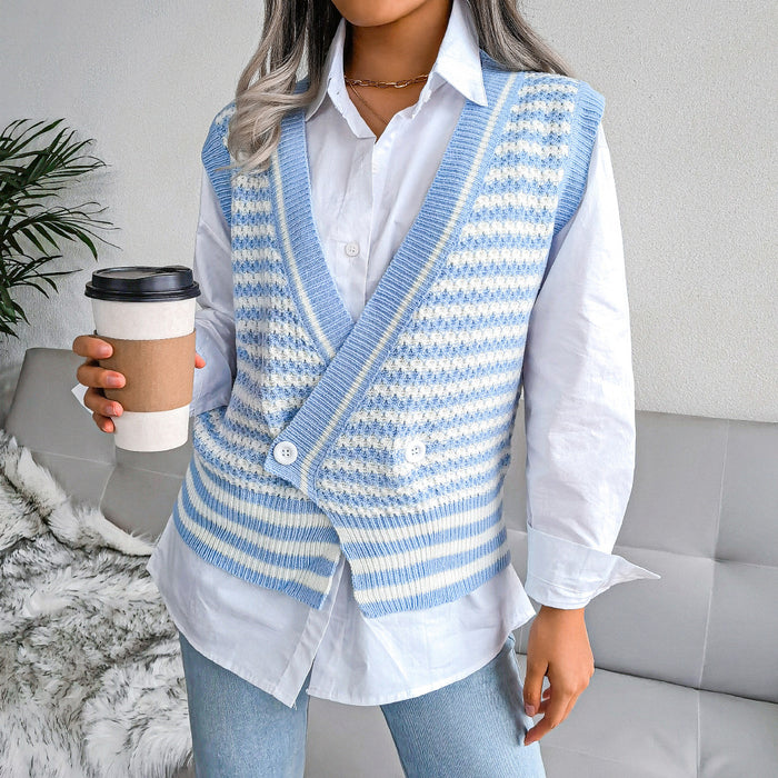 Color-Stripe College Knitted Vest Sweater Women Clothing-Fancey Boutique