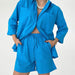 Color-Blue-Autumn Winter Women Cotton Linen Pocket Shirt Casual Shorts Two Piece Set-Fancey Boutique