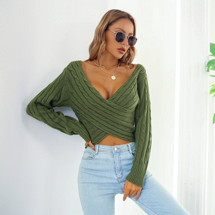 Color-Women Clothing Autumn Winter Street Criss Cross V neck Twist Long Sleeve Pullover cropped Sweater-Fancey Boutique