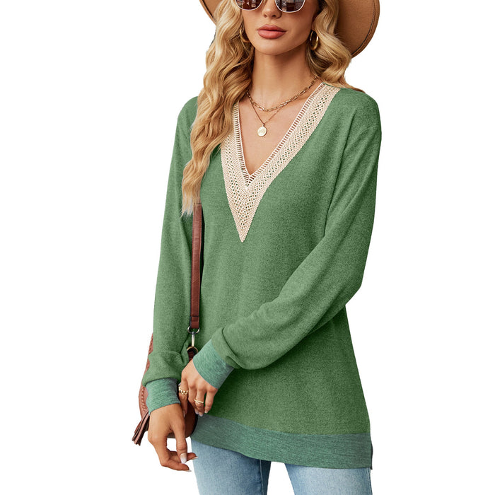 Color-Green-Autumn Winter Lace V-Collar Contrast Color Slit Loose Long Sleeve T-shirt Top Ladies-Fancey Boutique