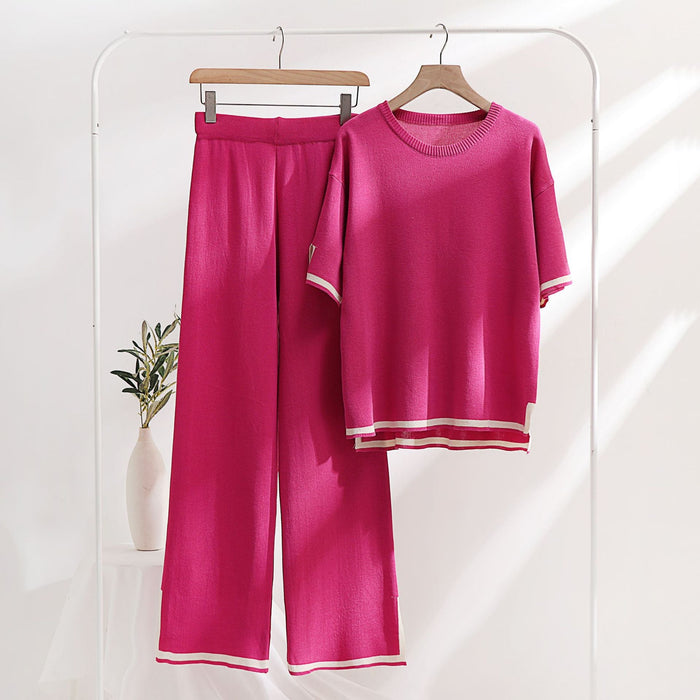 Color-Coral Red-Classic Ice Silk Knitting Suit Women Spring Summer Two Piece Set Short Sleeve Stitching Casual Slimming Fashionable-Fancey Boutique