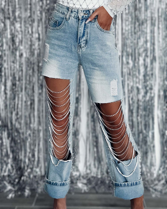 Color-Early Spring Big Ripped Jeans Women Chain Ornaments Straight Leg Pants-Fancey Boutique