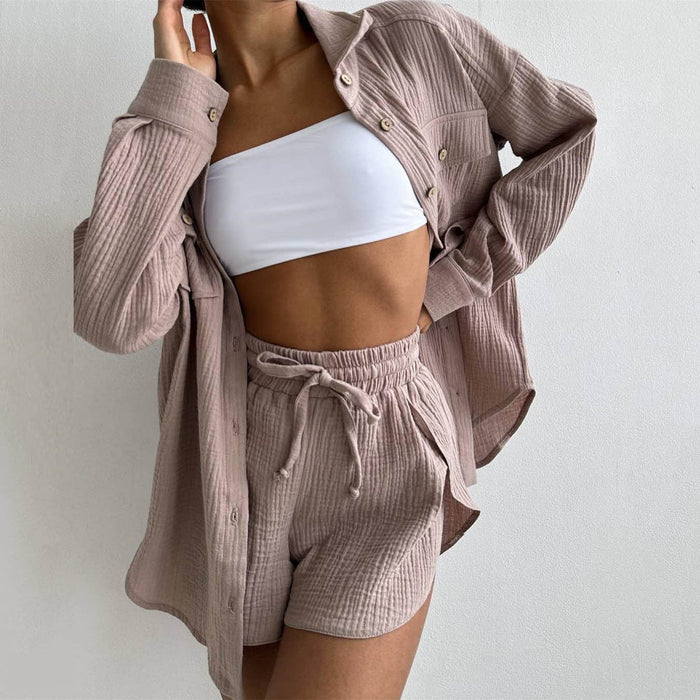 Color-Women Clothing Spring Collared Loose Shirt High Waist Shorts Two Piece Set Casual Set-Fancey Boutique