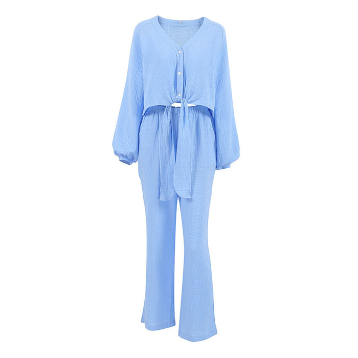 Color-Autumn Winter Blue Color Simple Outdoor Long Sleeved Trousers Pajamas Two Piece Set Home Wear for Women-Fancey Boutique