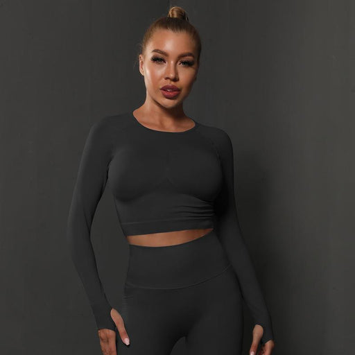 Color-Long Sleeve-Pure Black-Seamless Knitted Solid Color Peach Tight T Shirt Top Fitness Exercise Yoga Clothes Moisture Absorption Body Shaping Long Sleeve Women-Fancey Boutique