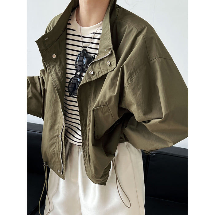 Color-Autumn Retro Stand Collar Drawstring Cargo Jacket Coat Loose Zip Women Gore Tex Jacket-Fancey Boutique