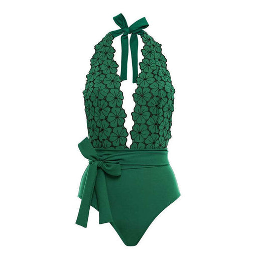 Color-Green-Women One Piece Swimming Bandage Women Tight Retro Printed Bikini Swimsuit Chiffon Skirt Set-Fancey Boutique