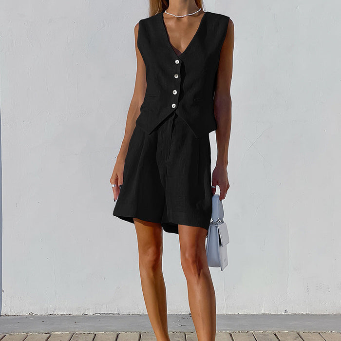 Color-Black-Design Cotton Linen Suit Vest Suit Women Summer Casual Sleeveless Tank Top Shorts Two Piece Suit-Fancey Boutique