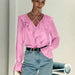 Color-French Ruffled Solid Color V neck Puff Sleeve Shirt Spring Autumn Niche Design All Matching Top-Fancey Boutique