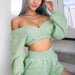 Color-Fall Winter Women Cropped V neck off-Shoulder Long-Sleeved Sweater Shorts two piece set-Fancey Boutique