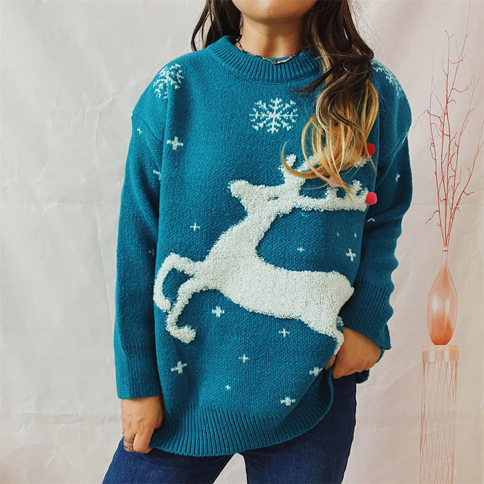 Color-Autumn Winter Deer Snowflake Jacquard Colorful Ball Christmas Sweater Round Neck Knitted Pullover-Fancey Boutique