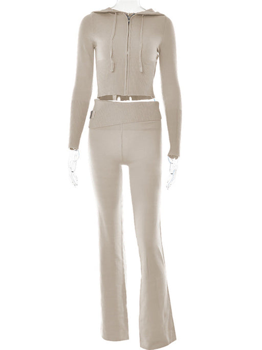 Color-Beige suit-Knitted Hooded Women Sexy High Waist Long Sleeved Trousers Two Piece Set-Fancey Boutique