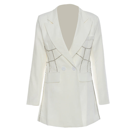 Color-White-Autumn Winter Personalized Niche Heavy Industry Waist Rhinestone Mid Length Blazer Women-Fancey Boutique
