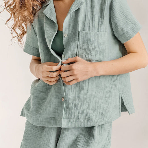 Color-Green-Summer Cotton Linen French Simplicity Sports Shirt Shorts Double Layer Gauze Pajamas Women Homewear-Fancey Boutique