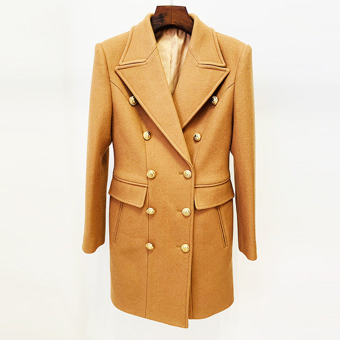 Color-camel-Autumn Winter Double Breasted Metal Lion Buckle Slim Fit Long Woolen Coat Coat-Fancey Boutique