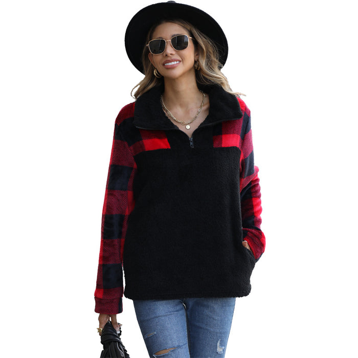 Color-Autumn Plush Women Clothing Half Long Sleeve Zipper Stand Collar Stitching Double Sided Flannel Plaid Pullover Sweater-Fancey Boutique