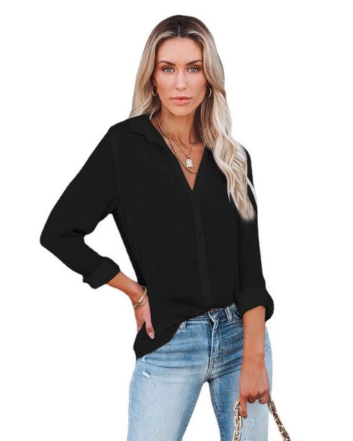 Color-Black-Women Clothing Autumn Winter Casual Loose Long Sleeve Buckle V neck Shirt Top-Fancey Boutique