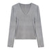 Color-High End Minimalist Mid Seam V neck Long Sleeve Bottoming Shirt Spring Slim Top-Fancey Boutique