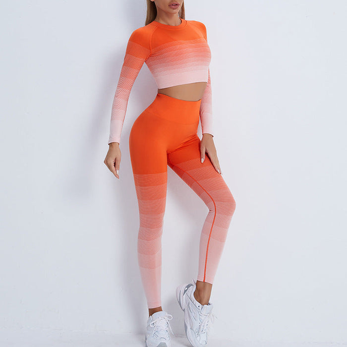 Color-Orange Suit-Gradient Sports Long Sleeve Trousers Suit Fitness Running Yoga Long Sleeve Tights-Fancey Boutique