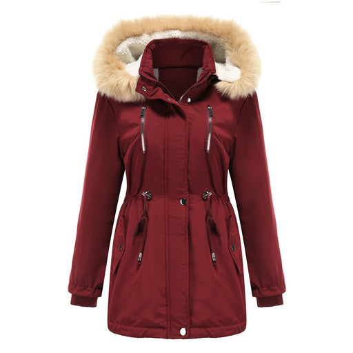 Color-Burgundy-Autumn Winter Women Clothing Thick Lambskin Cotton-Padded Coat Women Loose Women Cotton Clothes Removable Hat Fleece Padded Coat-Fancey Boutique