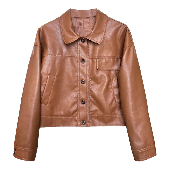 Color-Fashionable Fine Elegant Brown Profile Faux Leather Coat Women Fall Lapels Motorcycle Short Jacket Coat-Fancey Boutique