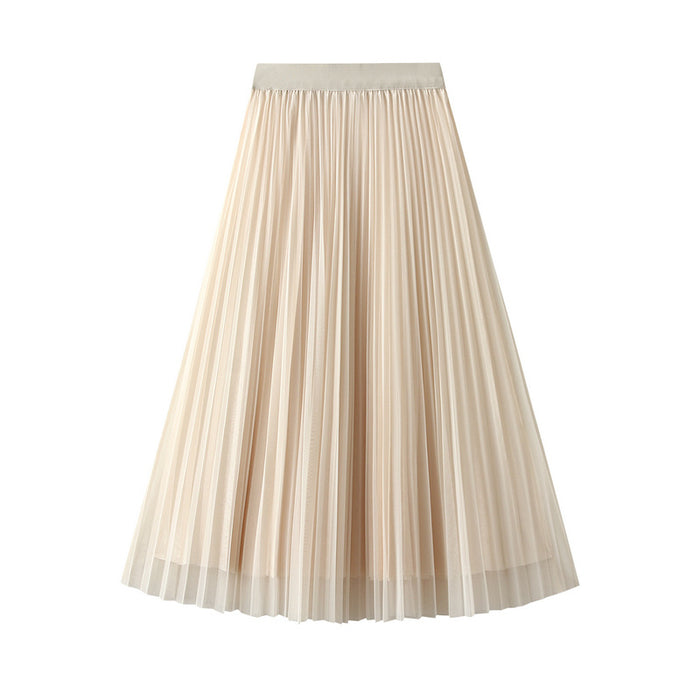 Color-Veil Skirt Women Spring High Waist Elastic Waist Tulle Skirt Pleated Skirt Two Sided-Fancey Boutique