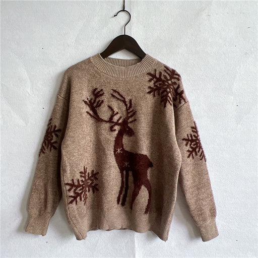 Color-Brown-Autumn Winter round Neck Long-Sleeved Christmas Sweater Year Snowflake Deer Jacquard Knitted Pullover-Fancey Boutique