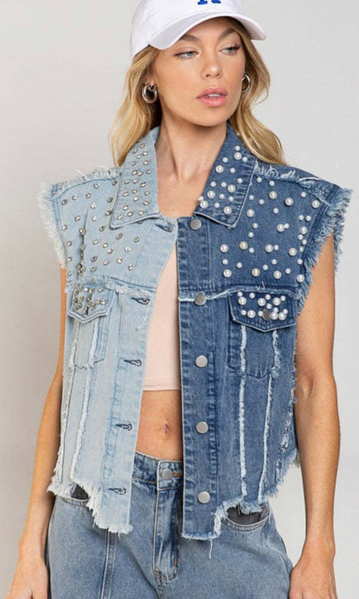 Color-Denim Vest Splicing Beads Loose Women Short Denim Jacket-Fancey Boutique