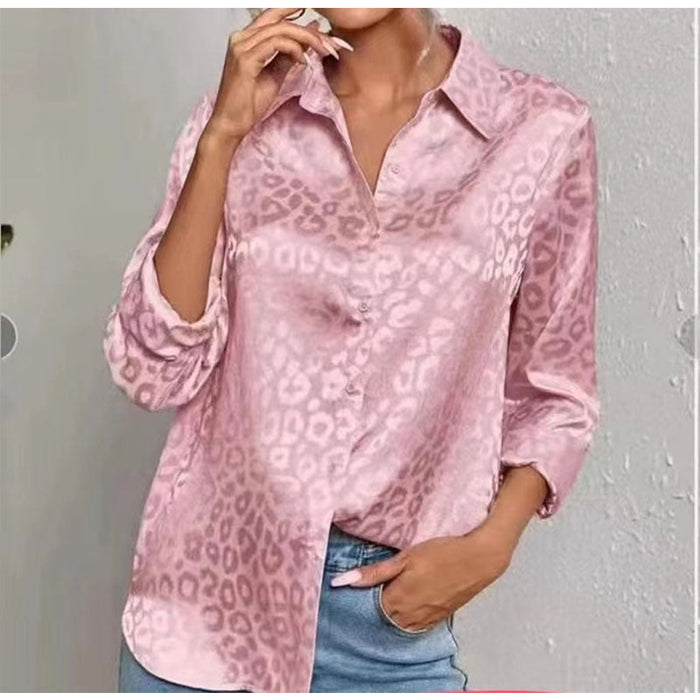 Color-Peach-Women Clothing Spring Autumn Long Sleeve Collared Elegant Satin Jacquard Leopard Print Shirt-Fancey Boutique