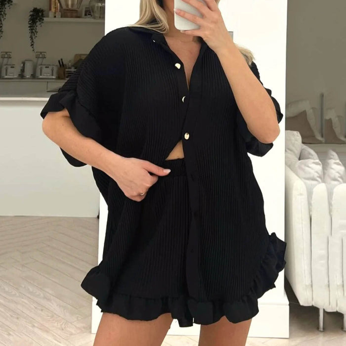 Color-Shorts Short Sleeved Shirt Two Piece Women Loose Pleated Wooden Ear Casual sets-Fancey Boutique