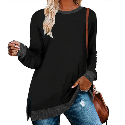 Color-Black-Women Clothing Long Sleeve round Neck Multicolor Split Top Loose Casual Pullover T-shirt-Fancey Boutique