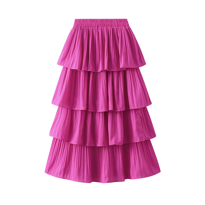 Color-Wooden Ear Stitching Pleated Big Hem Skirt Women's Summer Mid Length Tiered Dress-Fancey Boutique