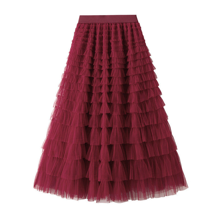 Color-Burgundy-Skirt Women Clothing Spring Autumn Ladies Figure Flattering Tiered Skirt-Fancey Boutique