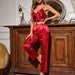 Color-Red-V Neck Backless Slip Dress Sexy Breathable Women Pajama Suit Simulation Silk Dew Cropped Home Wear-Fancey Boutique
