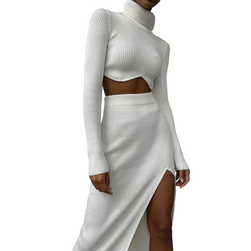 Color-White-Women Clothing Autumn Winter Thread Turtleneck Irregular Asymmetric Skirt Slit Slim-Fancey Boutique