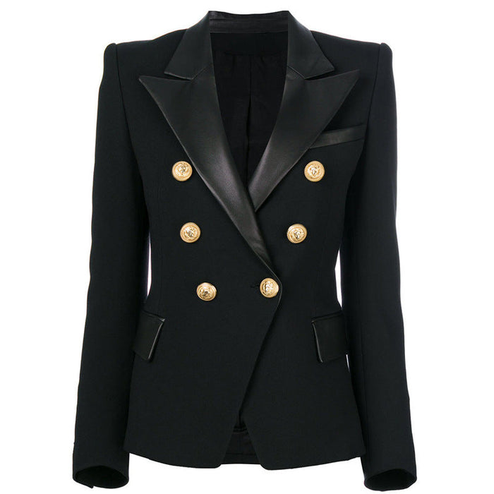 Color-Double Breasted Slim Leather Stitching Collar Blazer-Fancey Boutique