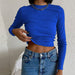 Color-Blue-Rib Round Neck Solid Color Bottoming T Shirt Women Bright Color Spring Crop Top Tight Fitting Long Sleeve Short Top-Fancey Boutique