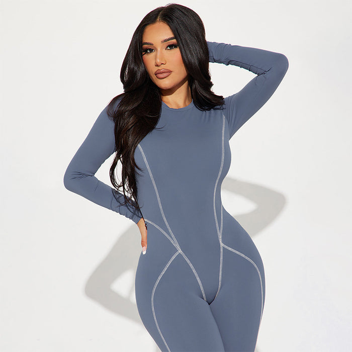 Color-Women Clothing Autumn Winter Solid Color Round Neck Long Sleeve Reverse Car Side Line Slim One Piece Trousers-Fancey Boutique