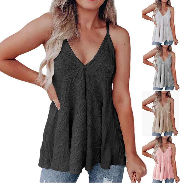 Color-Summer Women Clothing V-neck Casual Sling Wool Vest Top T-shirt-Fancey Boutique