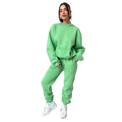 Color-Green-Autumn Winter Solid Color Long Sleeve Hooded Fleece Lined Sweater Women Casual Trousers sets-Fancey Boutique