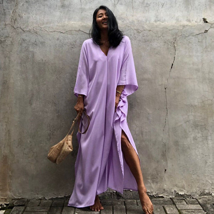 Color-Light Purple-Rayon Solid Color Blouse Seaside Vacation Dress Loose Overclothes Bikini Swimsuit Robe Outer Wear Women-Fancey Boutique