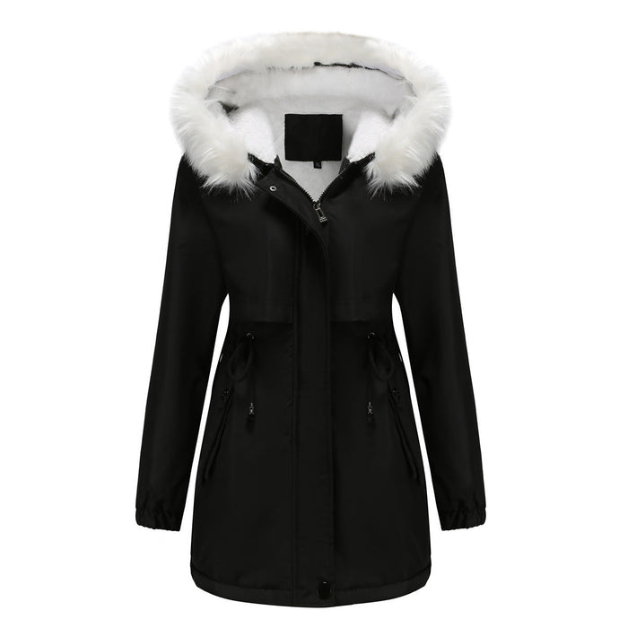 Color-Black-Women Winter Velvet Cotton Clothes Women Hooded Detachable Fur Collar Long Sleeve Parka-Fancey Boutique